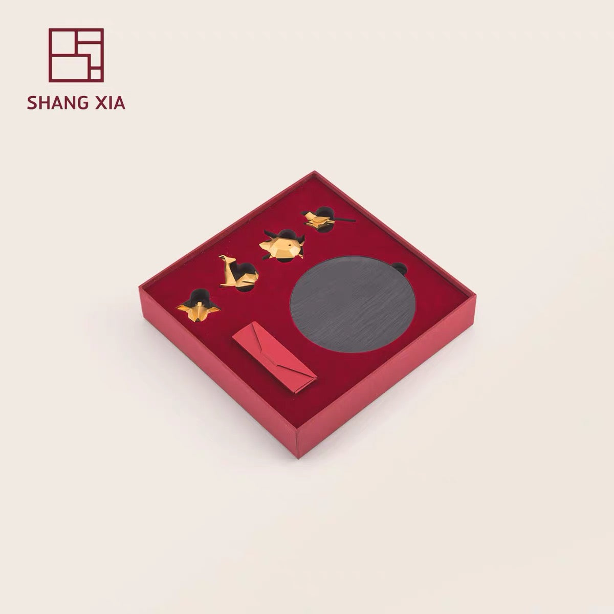 SHANG XIA Fu Qi Inkstone and Brass Incense Set