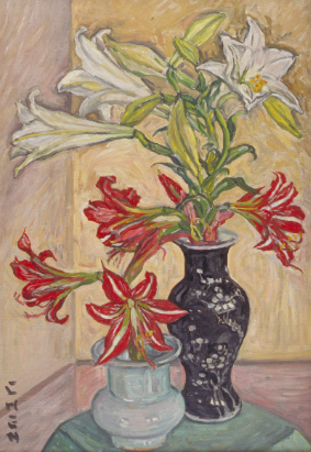 WHITE LILIES AND RED HIPPEASTRUMS POSTCARD GEORGETTE CHEN